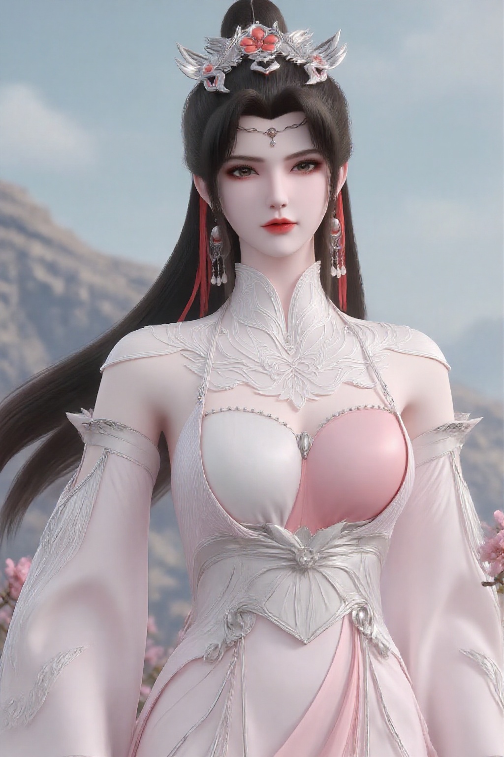 1girl,earrings,jewelry,solo,dress,hair ornament,upper body,mountain,flower,long hair,brown hair,white dress,ponytail,pink dress,branch,sky,looking at viewer,
