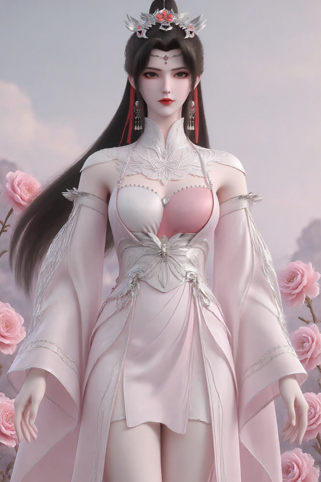 kucha0808,kucha0808,This is a very detailed and high-quality digital illustration depicting a serene and elegant woman wearing traditional Chinese clothing,surrounded by blooming peonies. This lady has long flowing black hair adorned with a gorgeous golden wig,wearing a flowing light green and white dress with exquisite gold embroidery. The background is characterized by soft and gentle colors,and the flowers add a delicate touch. The soft and natural lighting enhances the ethereal beauty of the scene.,