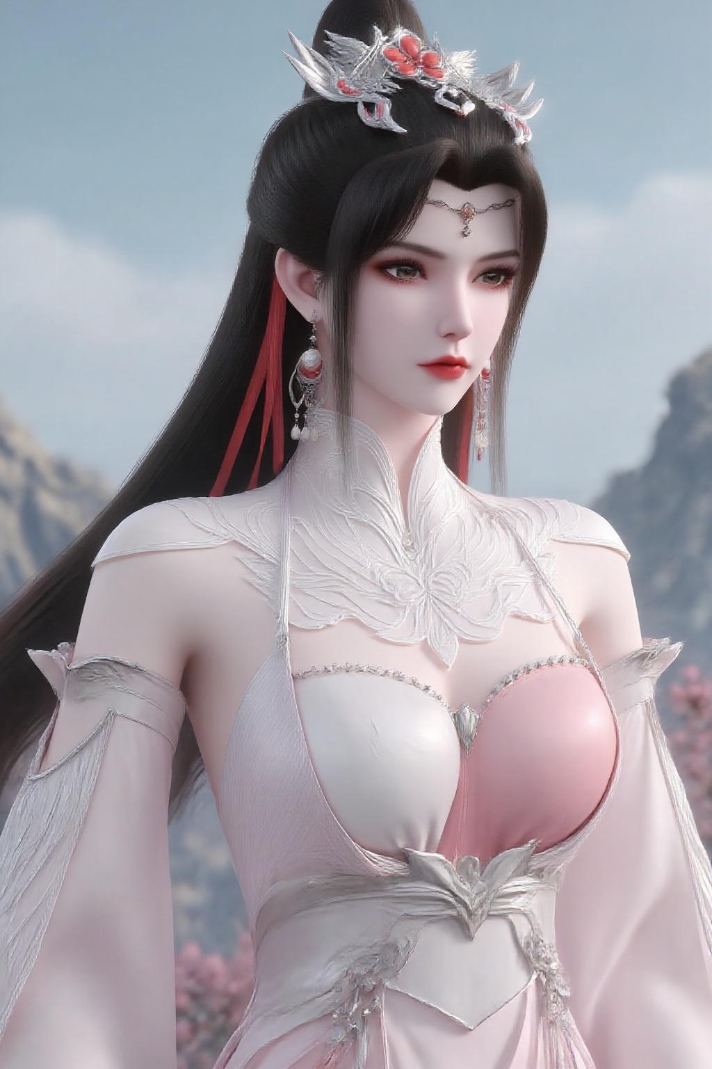 1girl,earrings,jewelry,solo,dress,hair ornament,upper body,mountain,flower,long hair,brown hair,white dress,ponytail,pink dress,branch,sky,looking at viewer,
