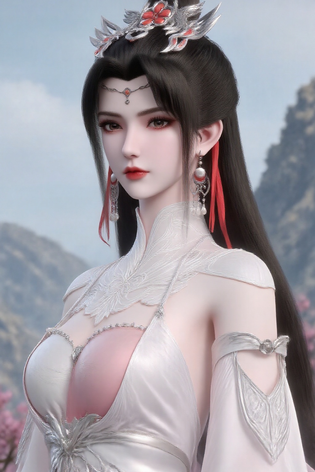 1girl,earrings,jewelry,solo,dress,hair ornament,upper body,mountain,flower,long hair,brown hair,white dress,ponytail,pink dress,branch,sky,looking at viewer,
