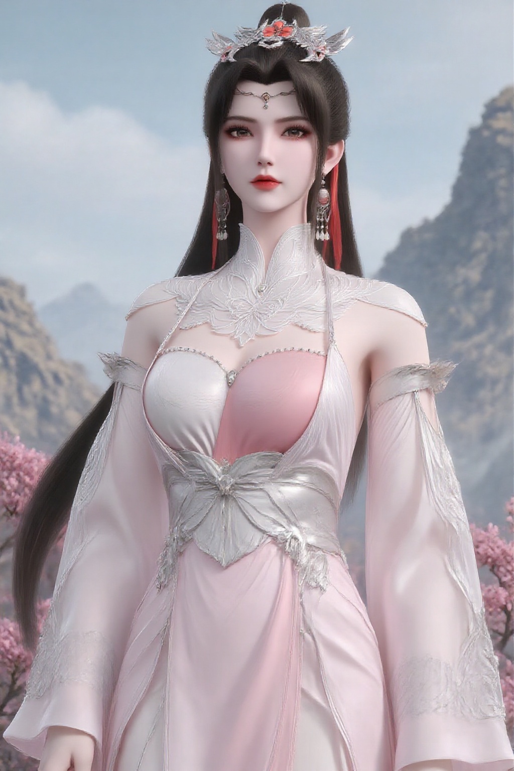 1girl,earrings,jewelry,solo,dress,hair ornament,upper body,mountain,flower,long hair,brown hair,white dress,ponytail,pink dress,branch,sky,looking at viewer,
