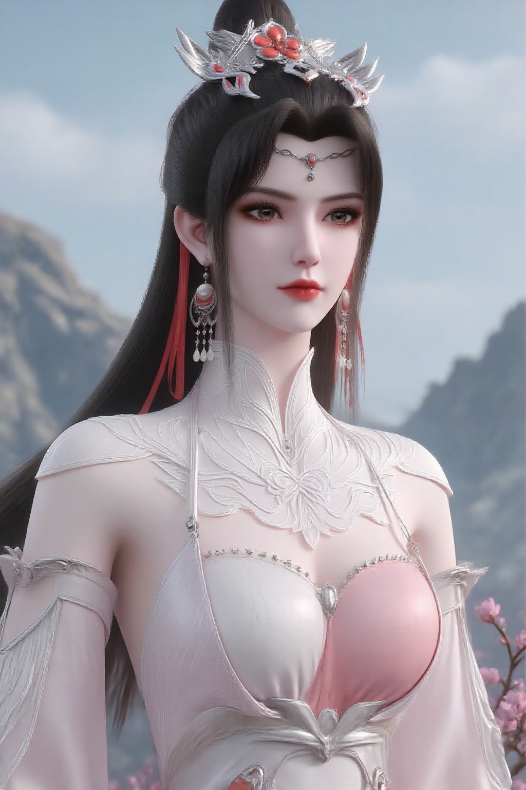 1girl,earrings,jewelry,solo,dress,hair ornament,upper body,mountain,flower,long hair,brown hair,white dress,ponytail,pink dress,branch,sky,looking at viewer,
