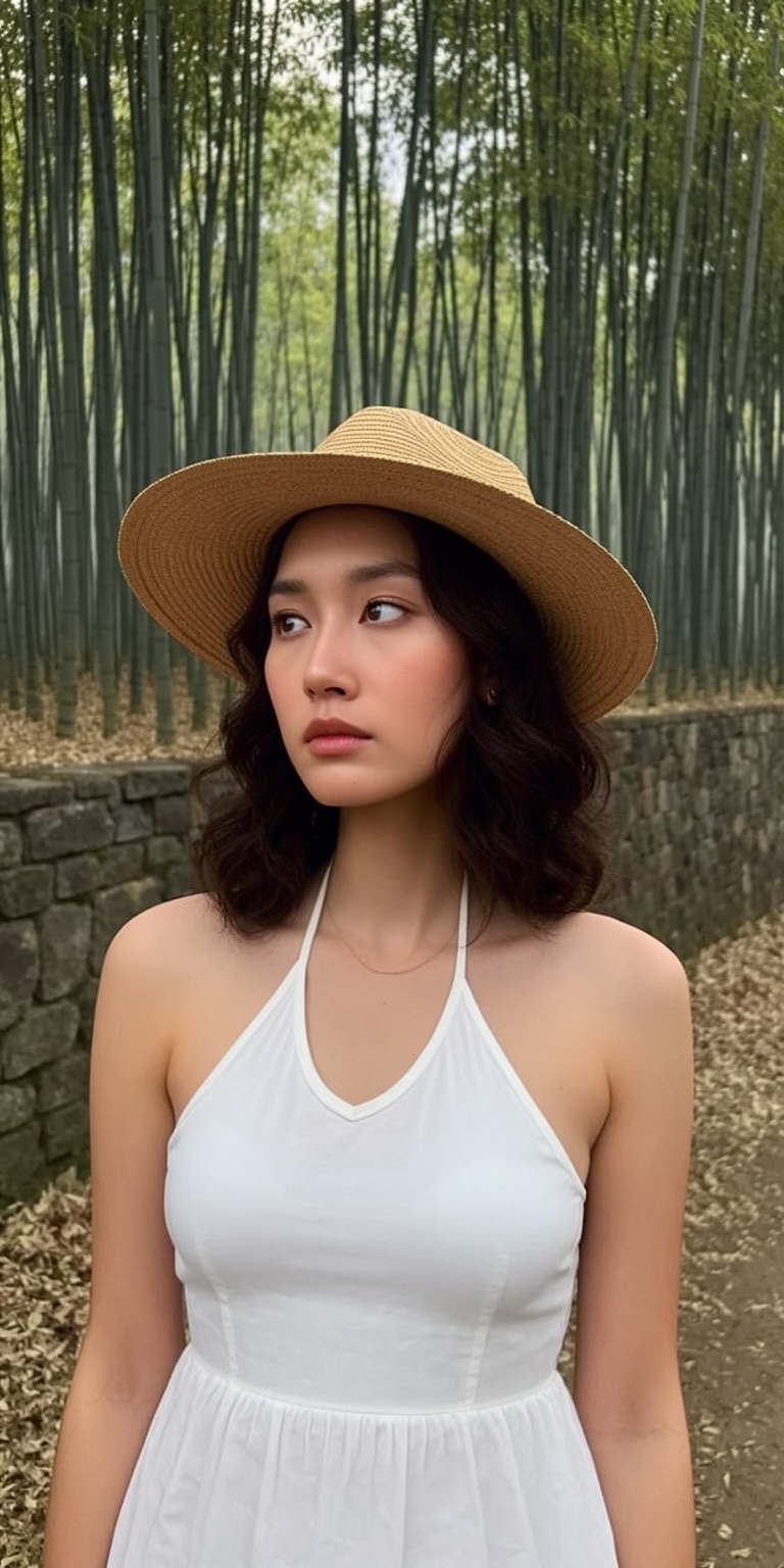 a young woman standing in a bamboo forest. She is wearing a white dress with a halter neckline and a wide-brimmed straw ha...