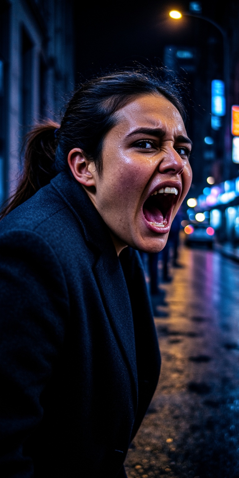 A dramatic,  high-detail cinematic scene capturing a woman mid-shout in a dark urban environment at night. The composition...