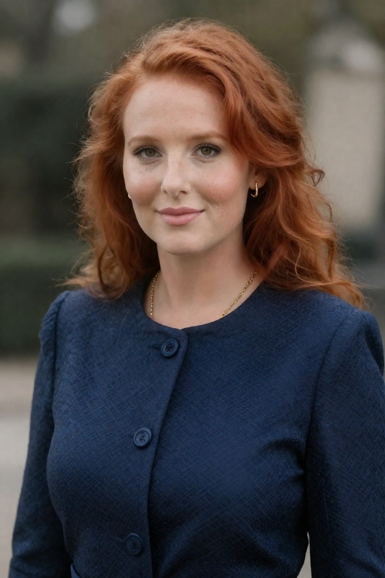 Create an Head shot of a woman wearing a dark blue textured jacket with a subtle pattern. She has Red hair styled in loose...