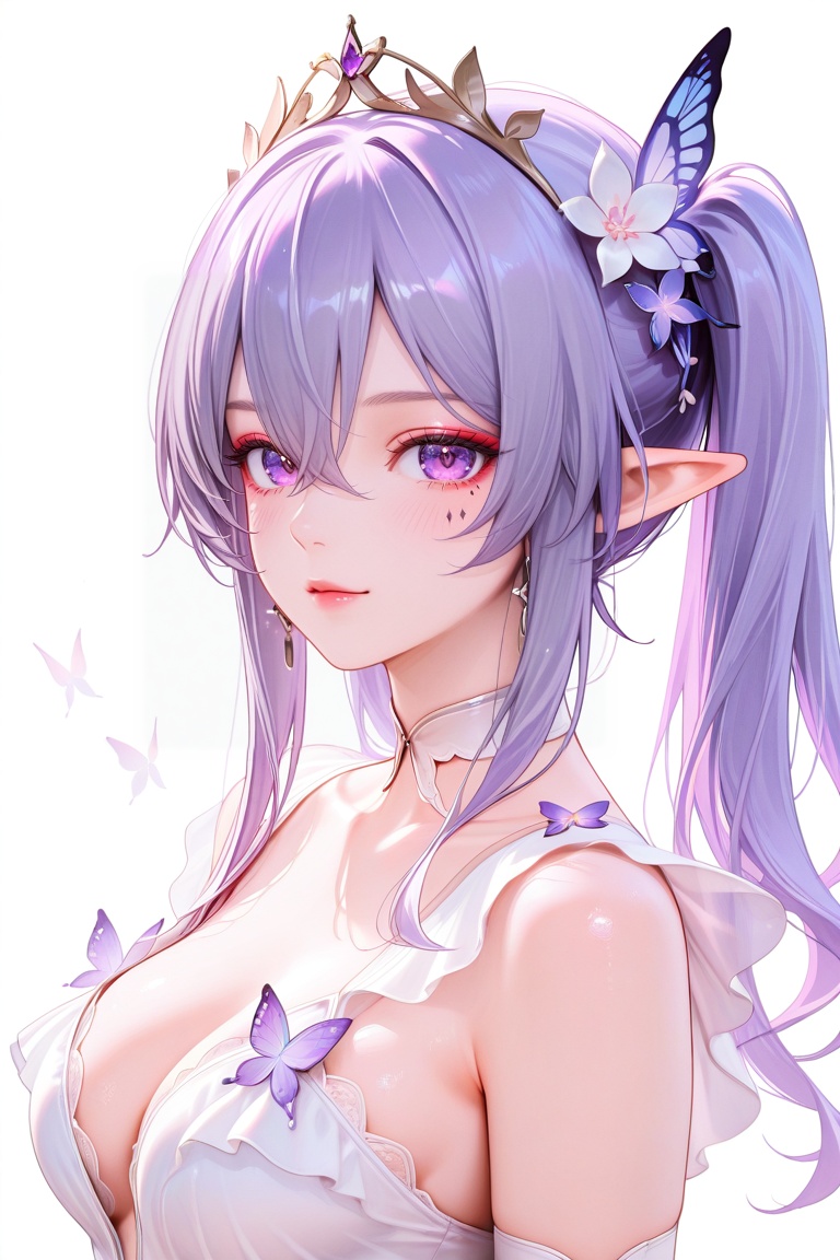A digital illustration shoot from a profile camera angle about a young girl with long,  lavender hair adorned with flowers...