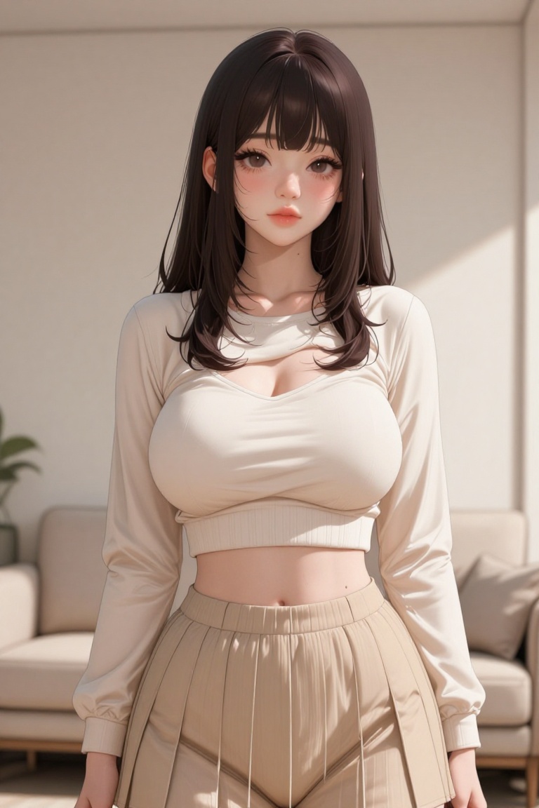 [ beautiful anime of] The image shows a young woman standing in a room. She has long,  straight hair and is wearing a beig...