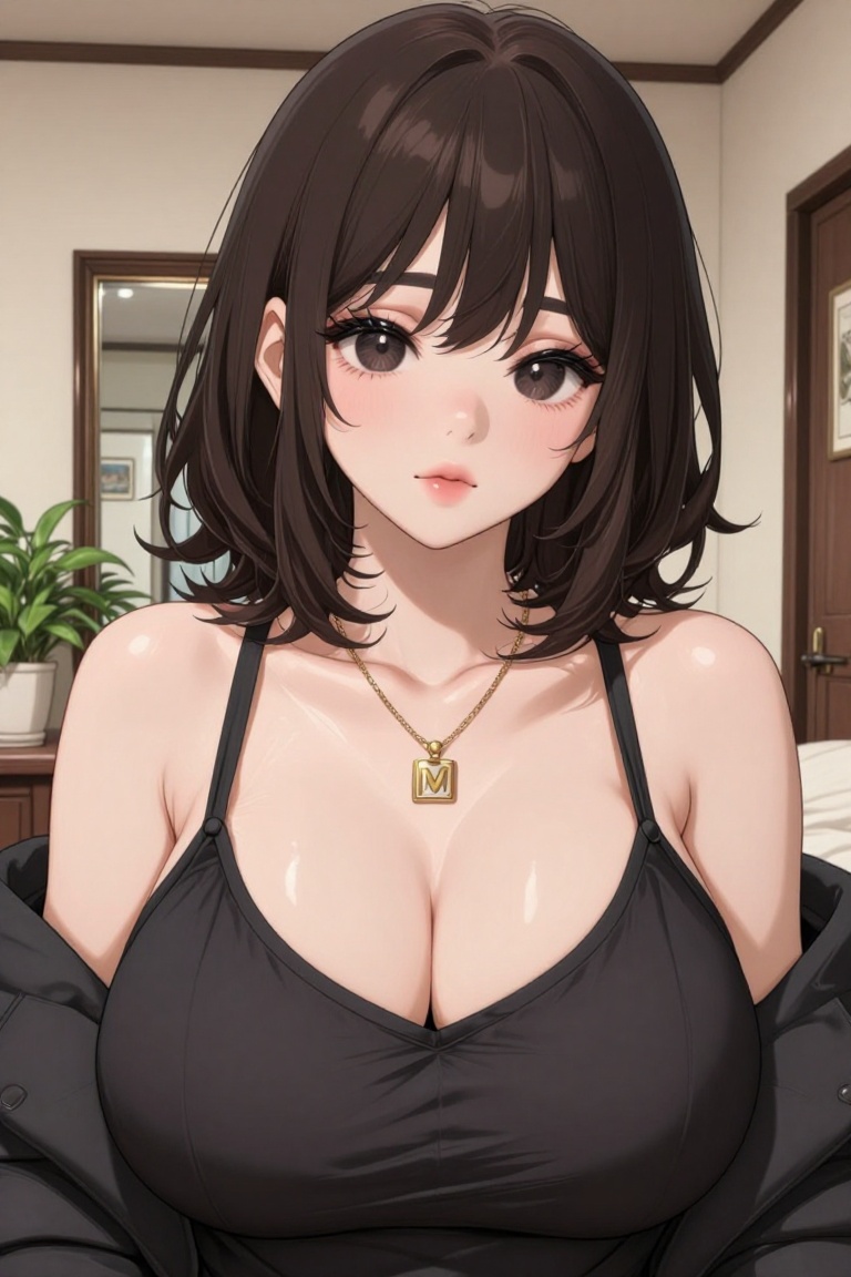 [ beautiful anime of] The image shows a person with shoulder-length dark brown hair,  wearing a black top with thin straps...
