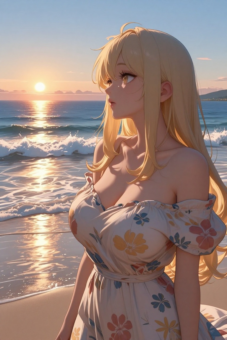 [ beautiful anime of] The image depicts a serene beach scene at sunset. A young woman with long blonde hair is standing ne...
