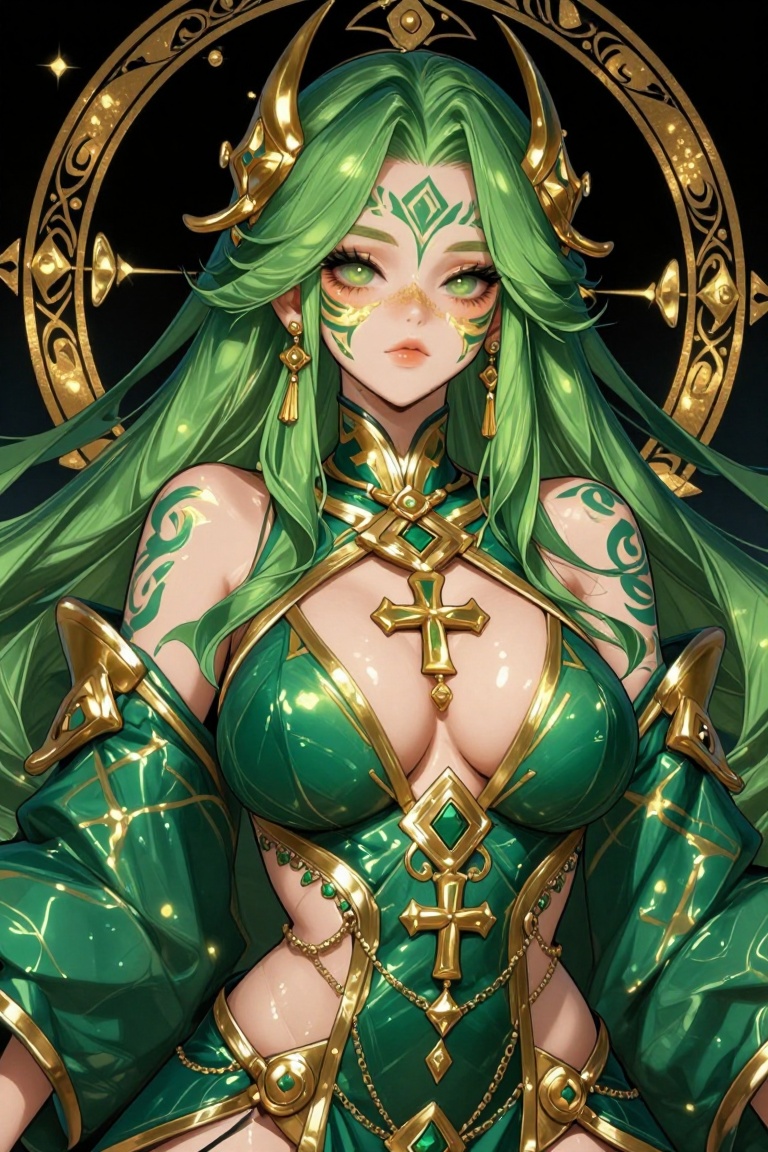 [ beautiful anime of] The image depicts a highly stylized and intricate character with a striking appearance. The characte...