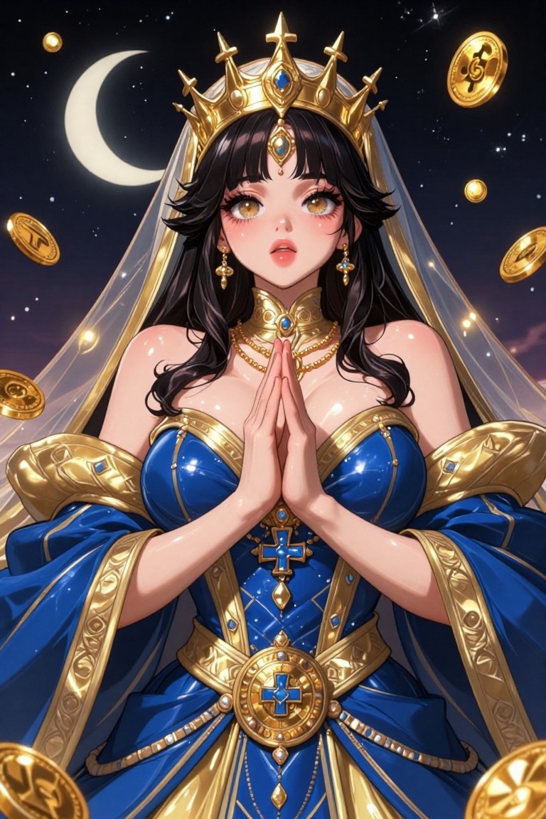 [ beautiful anime of] The image depicts a regal figure dressed in a blue and gold gown,  adorned with intricate patterns a...