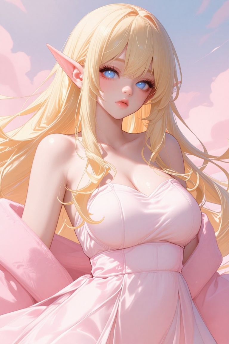 [ beautiful anime of] The image depicts a highly detailed and ethereal character with long,  flowing blonde hair and point...