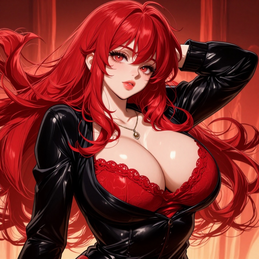 [ beautiful anime of] The image depicts a vibrant,  illustrated character with long,  flowing red hair. The character is w...