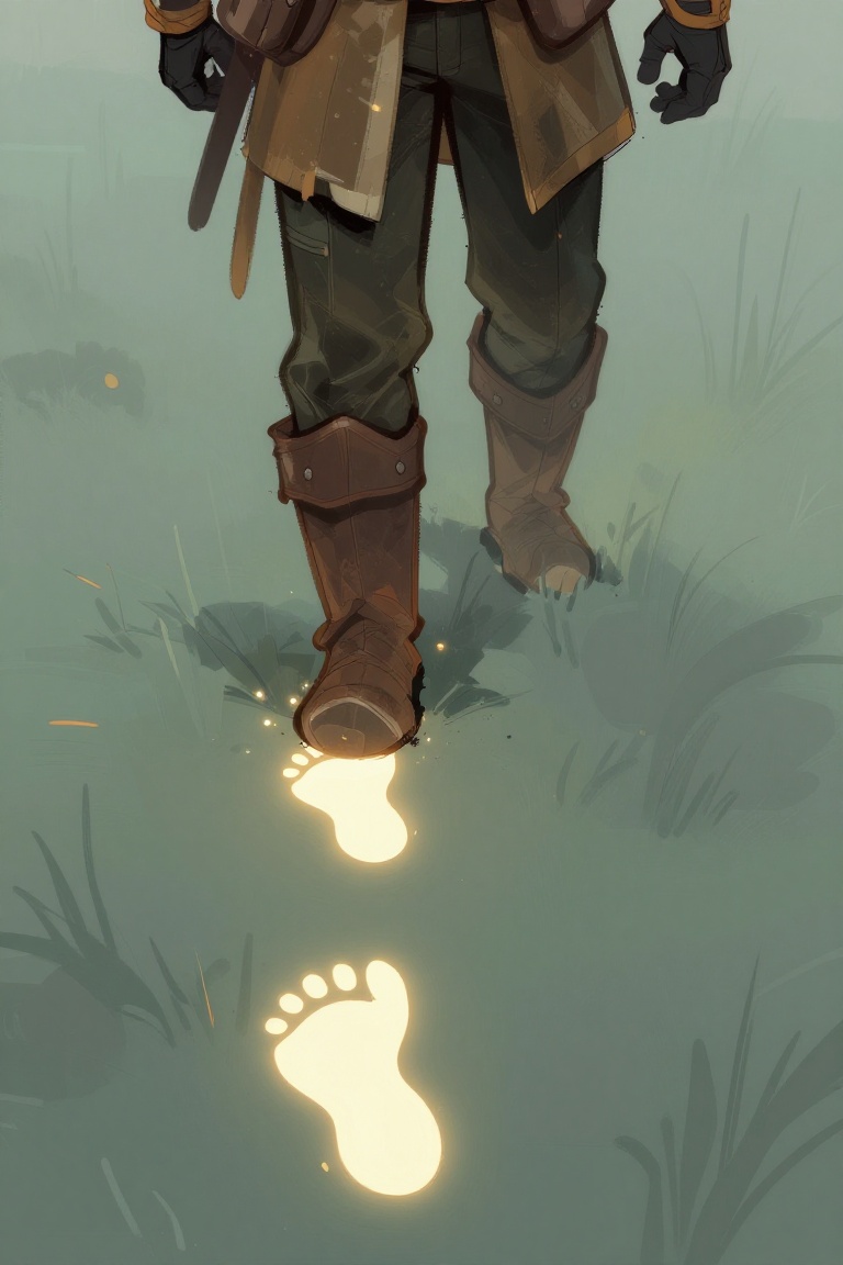 Digital illustration,  Loose cartoony style A rogue with boots that leave glowing,  silent footprints on Tensor.Art