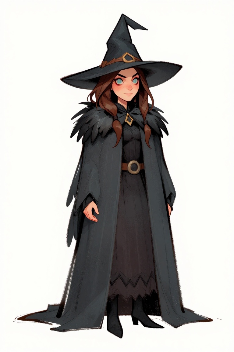 Digital illustration,  Loose cartoony style a witch in a feathered dark grey cloak on Tensor.Art