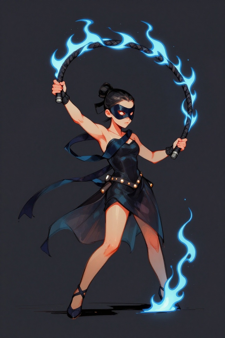 Digital illustration,  Loose cartoony style A masked dancer whose ribbons turn into whips of blue fire. on Tensor.Art