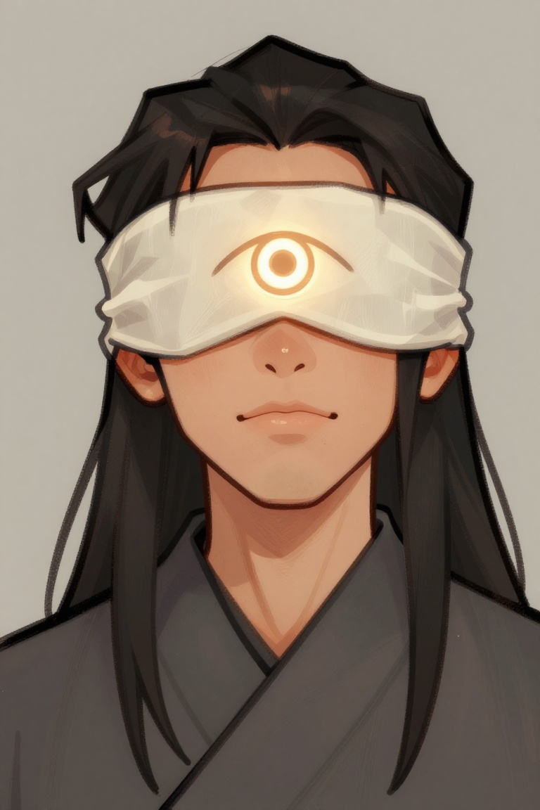Digital illustration,  Loose cartoony style A blind seer with a silk blindfold that has a glowing third eye painted on it....