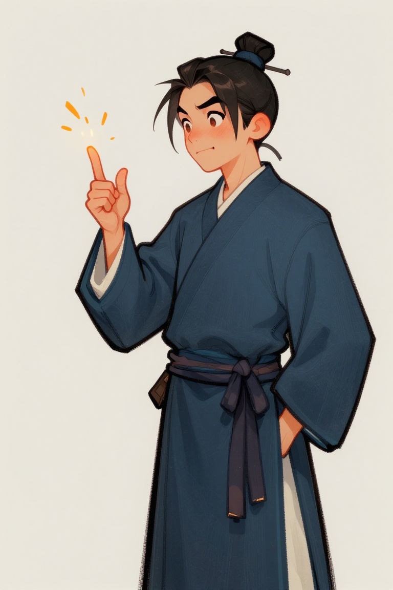 Digital illustration,  Loose cartoony style a young apprentice in oversized indigo robes,  accidentally sparking orange em...