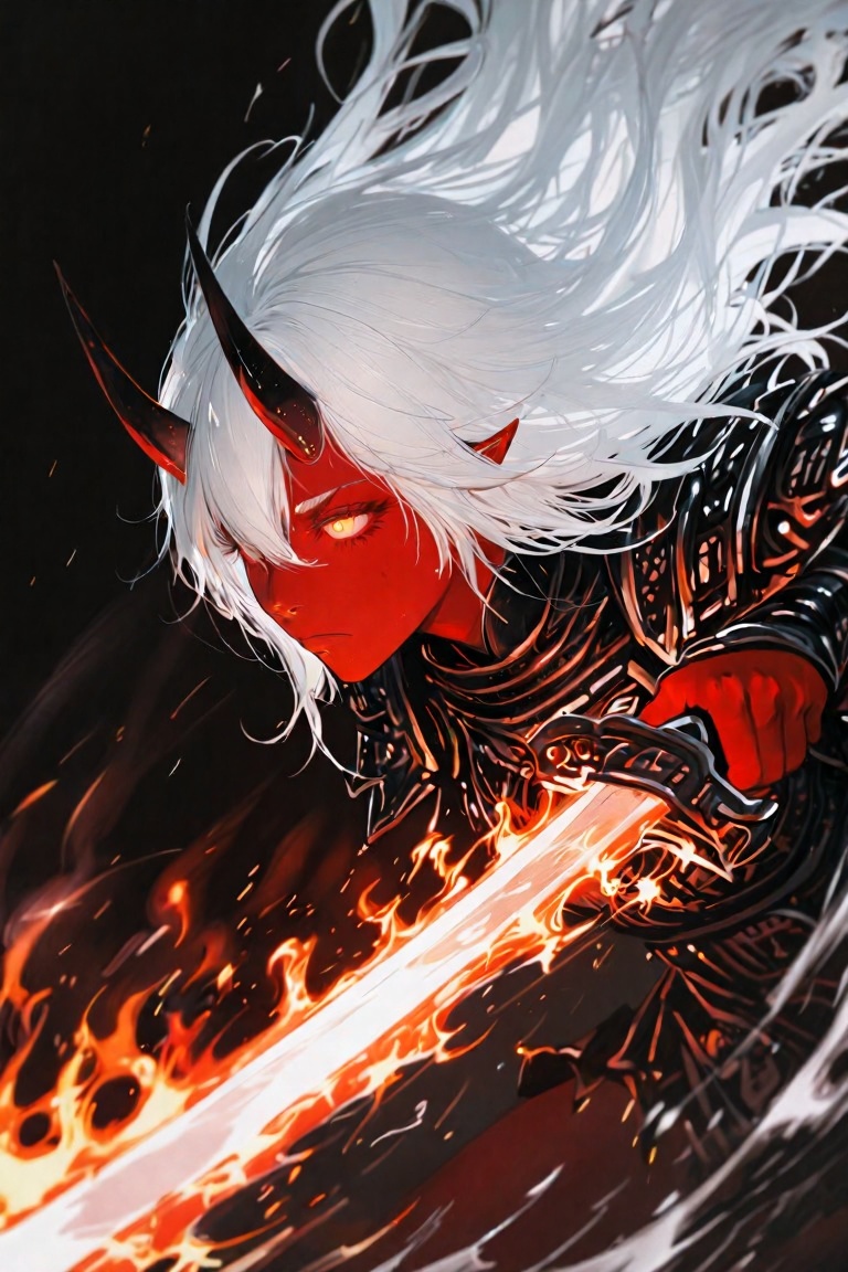 digital artwork depicting a fierce,  red-skinned demon girl with white,  flowing hair and a single black horn on her foreh...