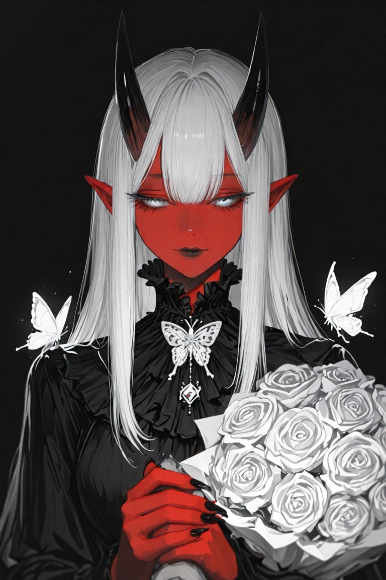 this digital anime-style illustration features a red-skinned,  demon-like woman with long,  white hair on Tensor.Art
