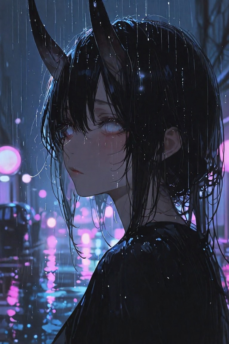 Demon girl looking back in rainy night,  neon lights reflecting in puddles,  raindrops falling along her horns and hair st...