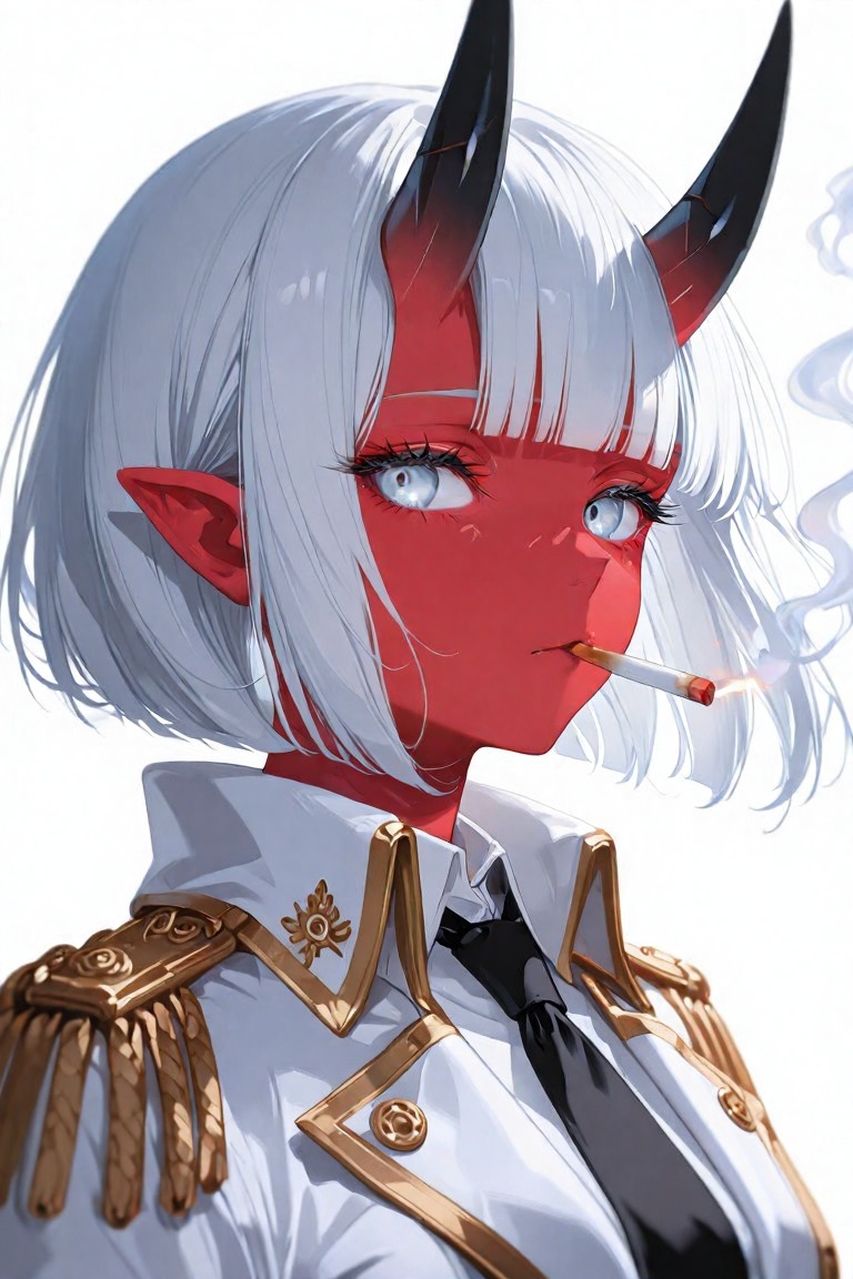 this is a digital illustration in an anime style featuring a red-skinned,  demon-like female character with white,  should...