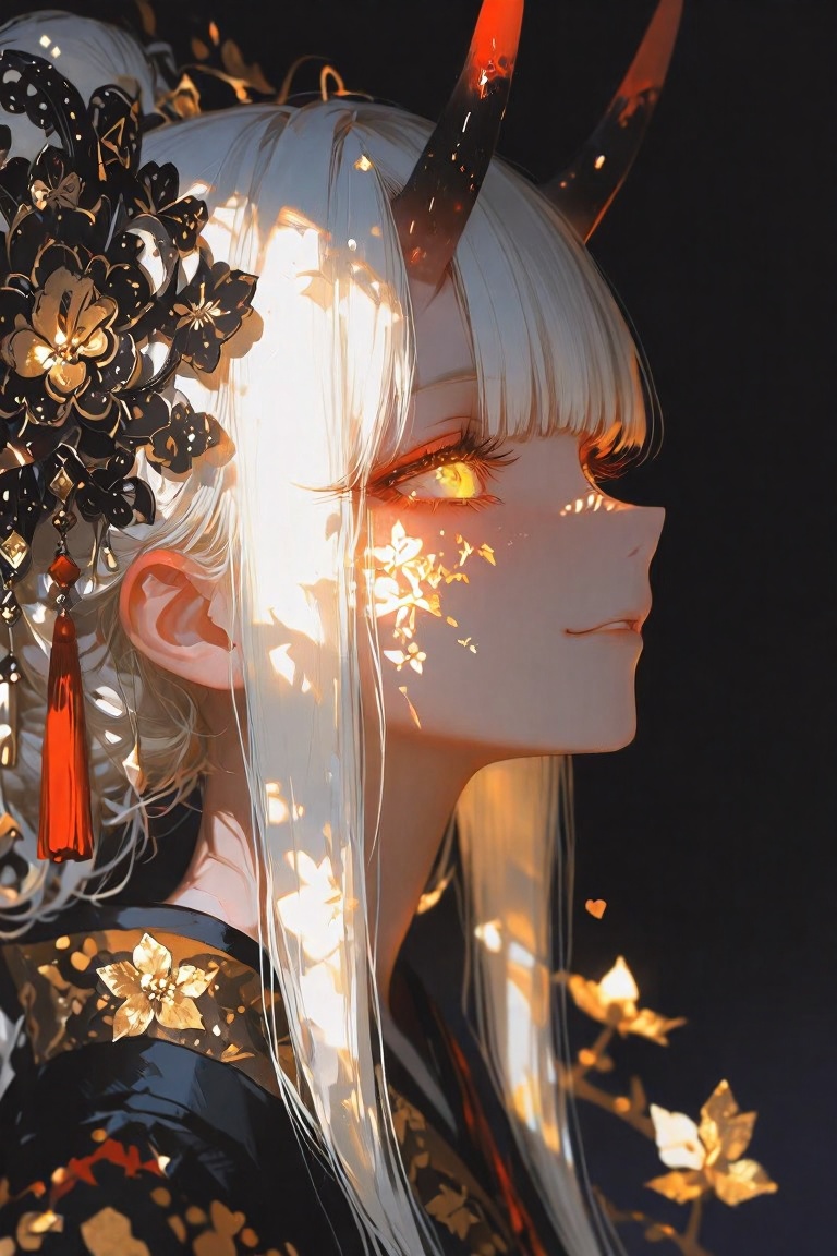 this is a digital illustration of a stylized female demon character in profile view,  facing right,  the character has pal...