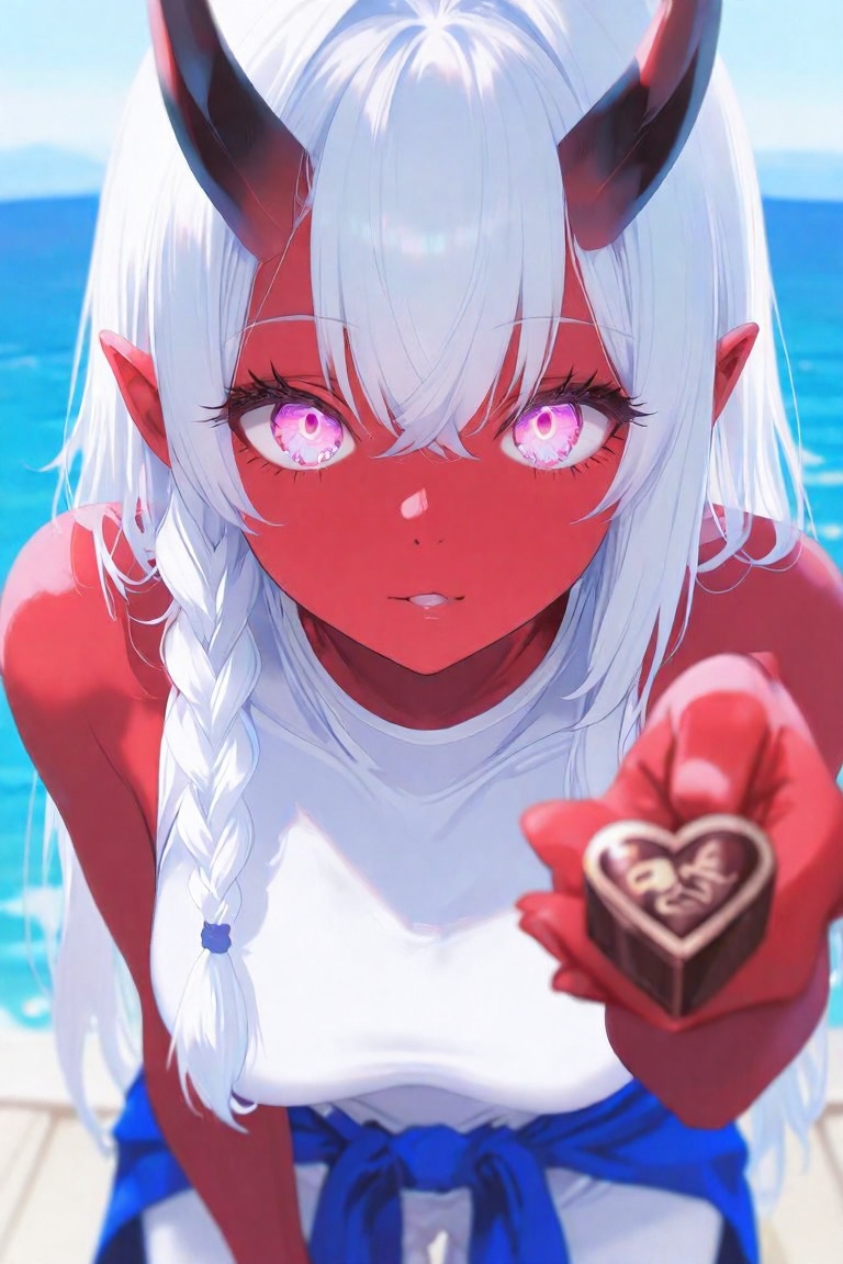 this is a digital anime-style illustration of a red-skinned demon girl with white hair,  pink glowing eyes,  and black hor...