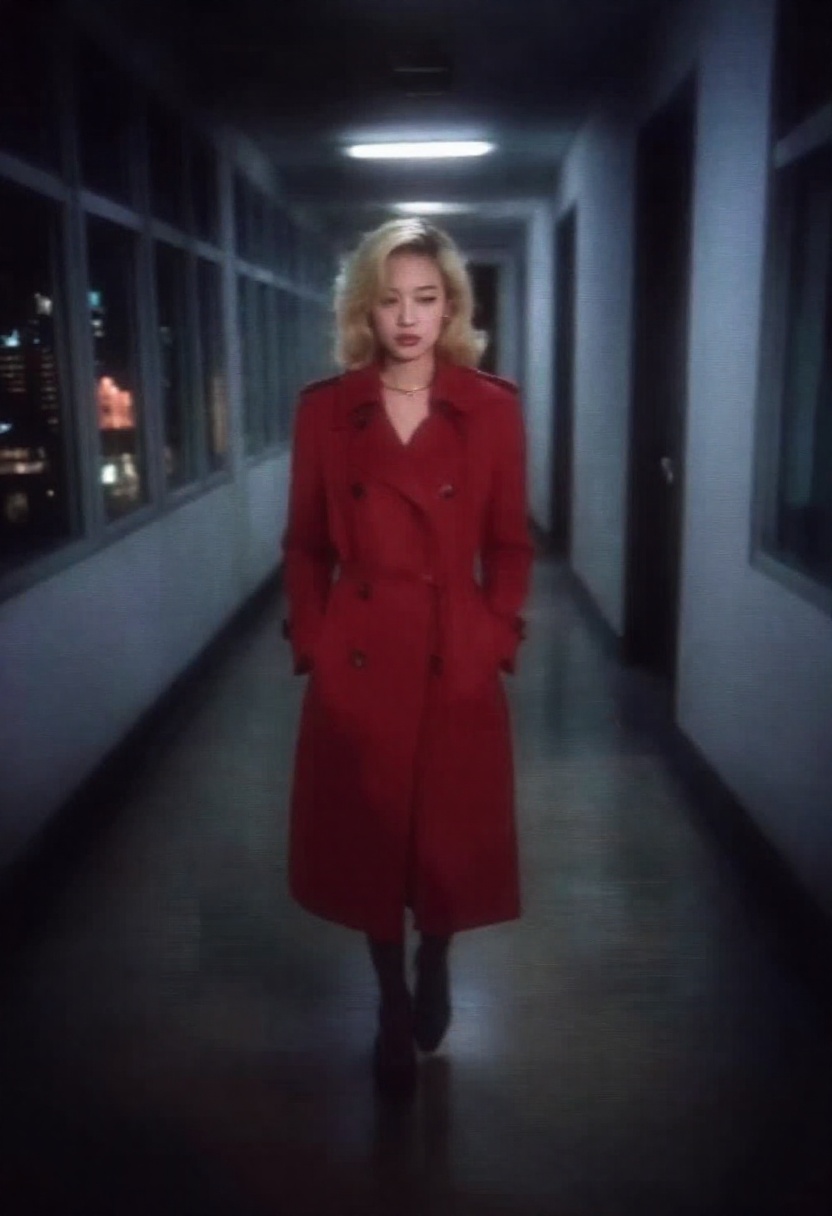 japanese retro aesthetic. A striking blonde japanese woman in a long red trench coat,  walking down a dimly lit corridor a...