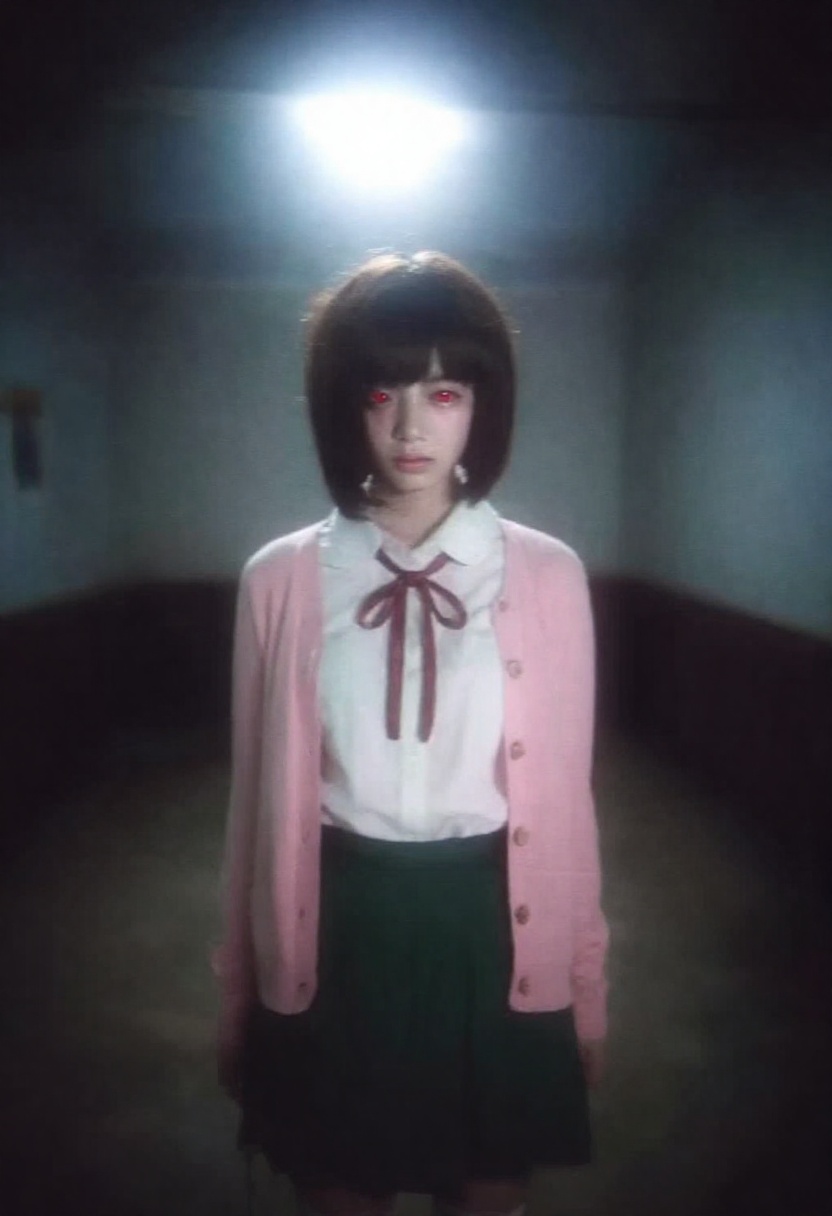 japanese retro aesthetic. A realistic portrait of a Japanese schoolgirl with short brown hair and striking red eyes,  wear...