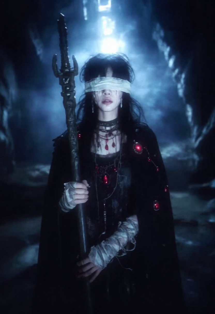 japanese retro aesthetic. A hauntingly beautiful sorceress stands in the depths of a cavern illuminated by cold blue light...