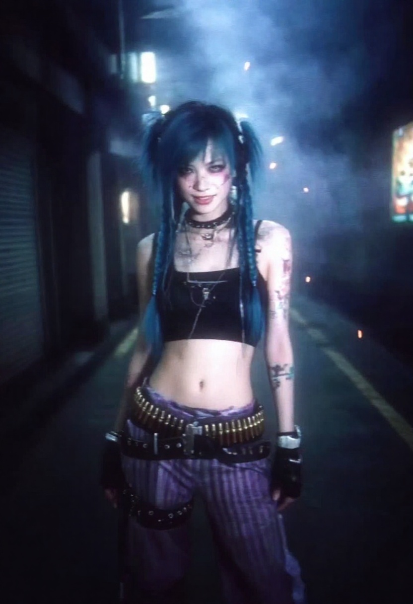 japanese retro aesthetic. A realistic punk cyberpunk woman with long blue braided hair,  wearing a black strappy crop top,...