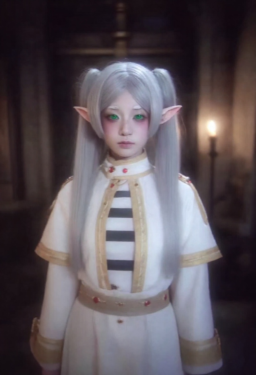 japanese retro aesthetic. A realistic portrait of a beautiful elf priestess with long silver hair tied in twin ponytails,...