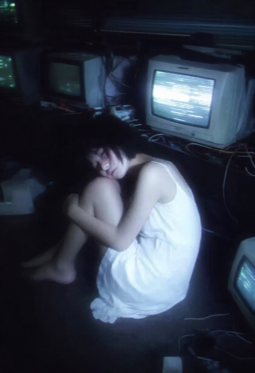 japanese retro aesthetic. A melancholic Japanese girl sitting curled up on the floor in a dark room filled with glowing CR...