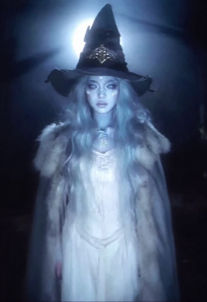 japanese retro aesthetic.A realistic portrait of a mystical witch with pale blue skin,  glowing silver-blue hair cascading...