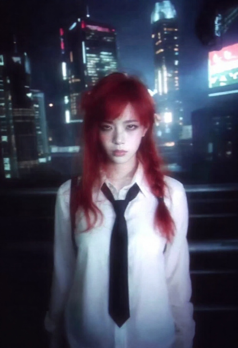 japanese retro aesthetic. A realistic portrait of a strong Japanese woman with fiery red hair tied in a braid,  wearing a...
