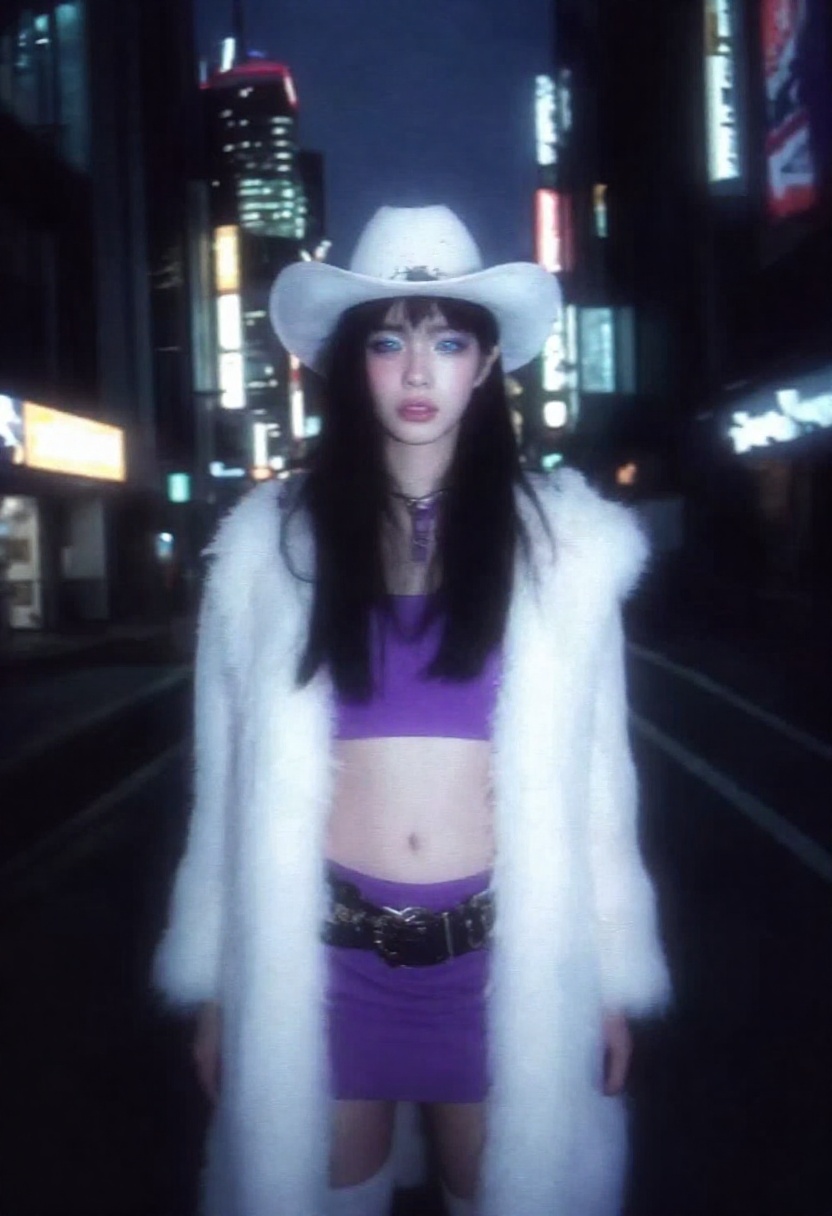 japanese retro aesthetic. A tall and confident Japanese woman in a futuristic neon-lit city at night,  wearing a white cow...