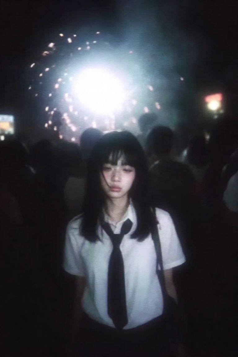 japanese retro aesthetic. A melancholic Japanese schoolgirl in a white blouse and loose black tie,  standing in a crowd at...