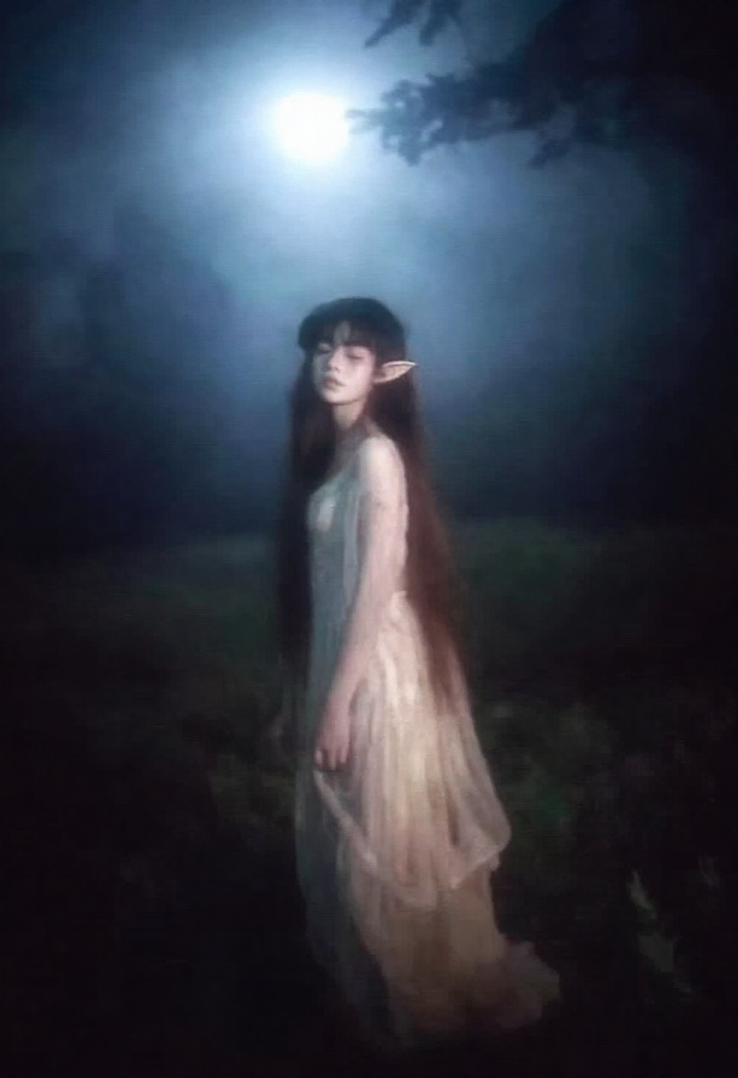 japanese retro aesthetic. A melancholic elf woman with long flowing hair and delicate pointed ears,  wearing an elegant fl...