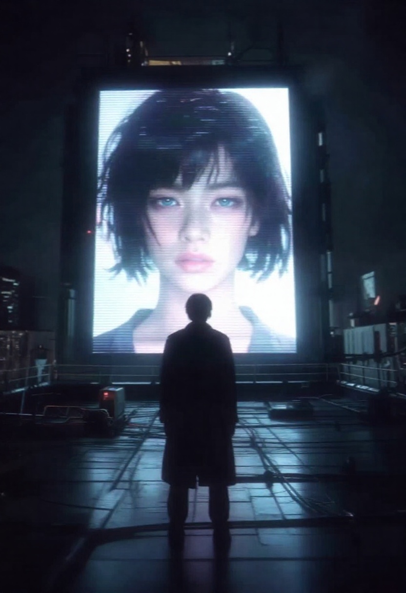 japanese retro aesthetic. A lone man in a long black trench coat stands in a dimly lit futuristic rooftop,  facing a giant...