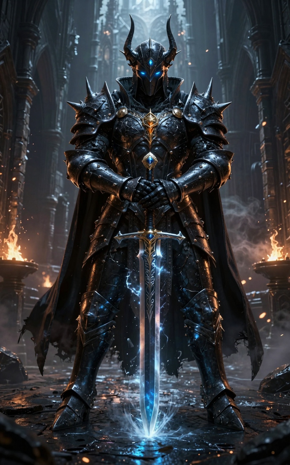 pipizg,  Full-body front view of an imposing dark fantasy warlord standing centered in a narrow medieval gothic alleyway,...