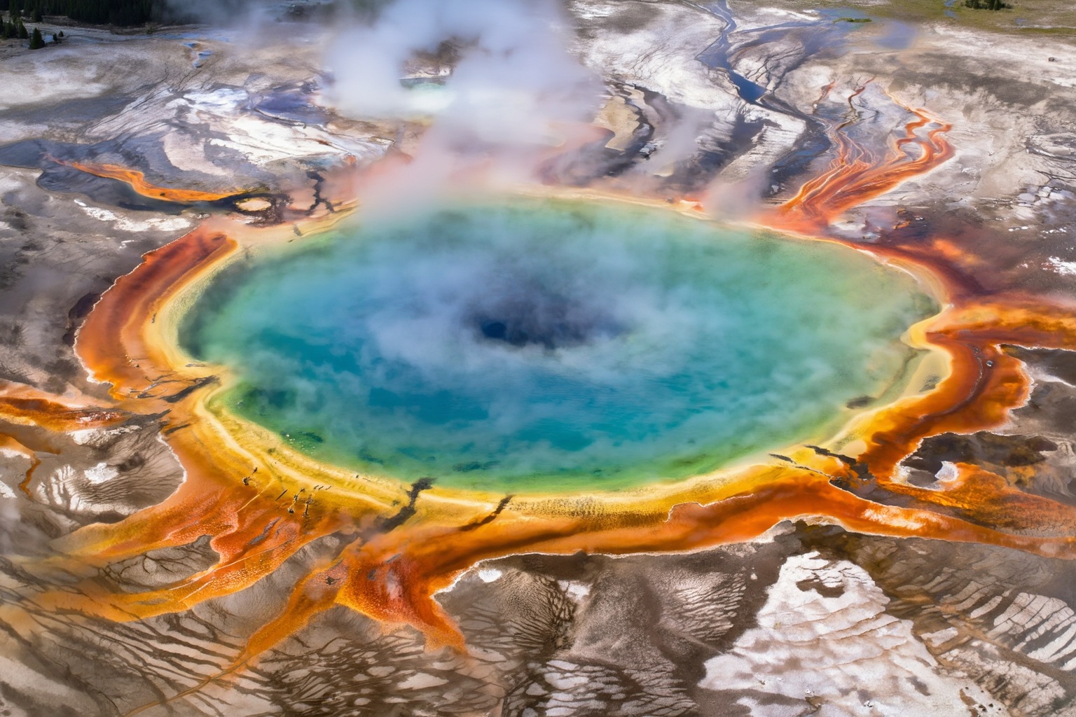 aurelmanea5z25 photography. An astonishing aerial or slightly elevated wide-angle view of the Grand Prismatic Spring in Ye...