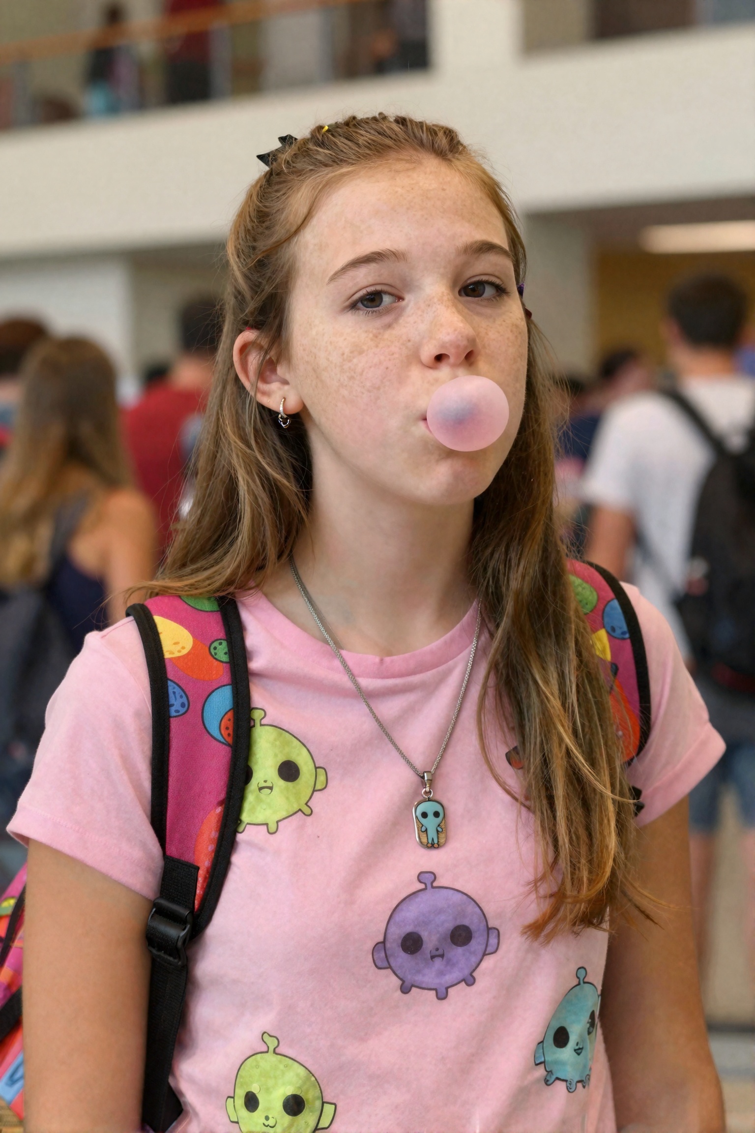 Create a photo of a freckled **** with her long sandy brown hair tied back,  as she blows a pink gum bubble. She is wearin...