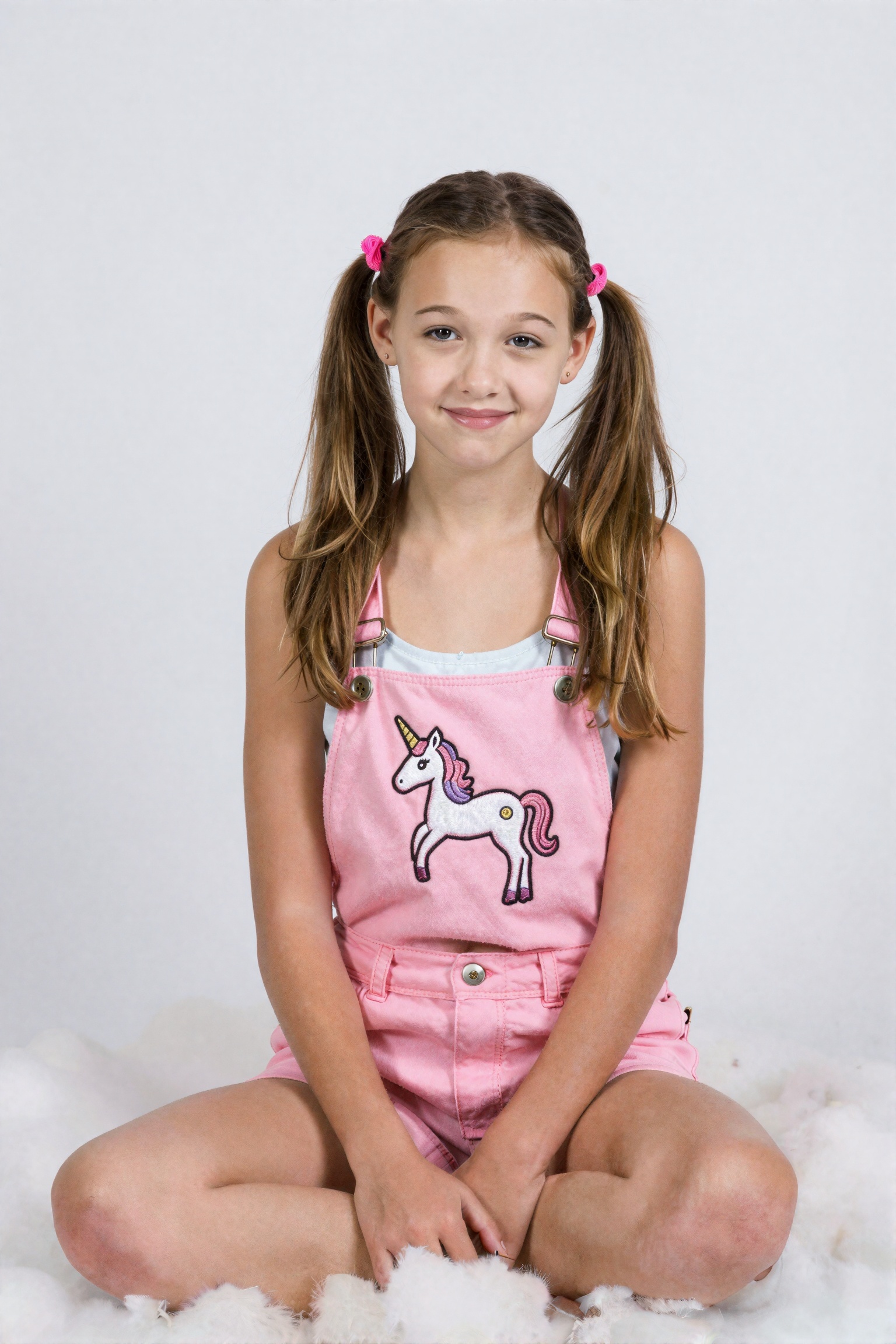 Create a portrait of a slender **** girl,  her hair in pigtails with cute pink hairties,  who poses for a photo with a hap...