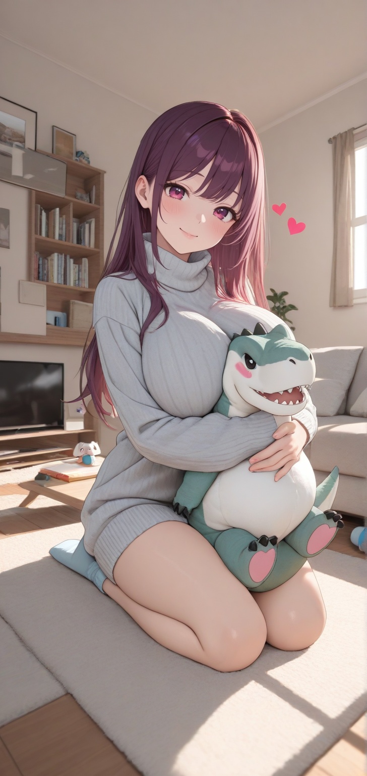 A cartoon,  3d heart warming illustration depicting a young girl hugging a gigantic,  cuddly knitted Tyrannosaurus rex in...