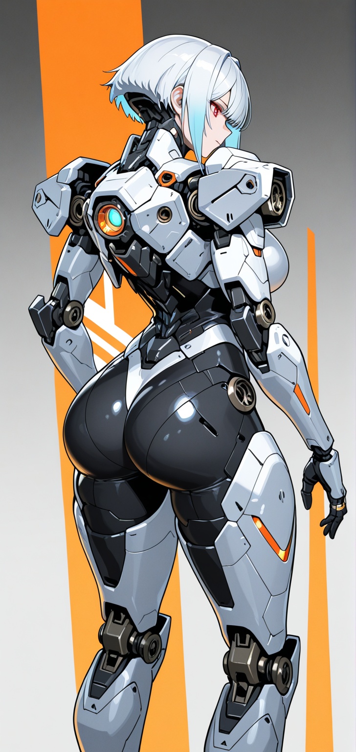 A futuristic humanoid-mech hybrid character with intricate mechanical details. The character has a sleek,  armored appeara...
