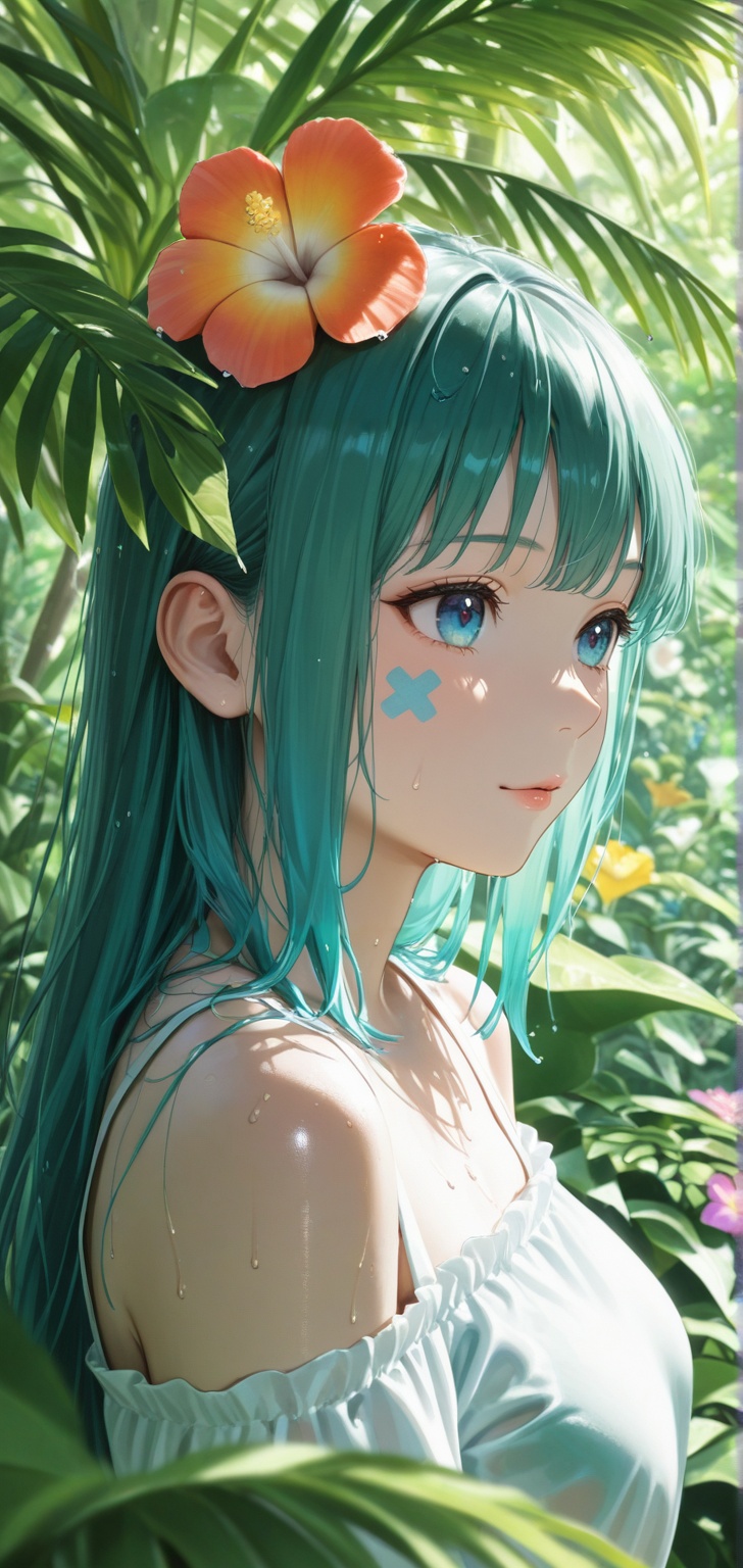A stunning cinematic close-up portrait of a beautiful Asian woman standing in a lush tropical rainforest. **The Subject:**...