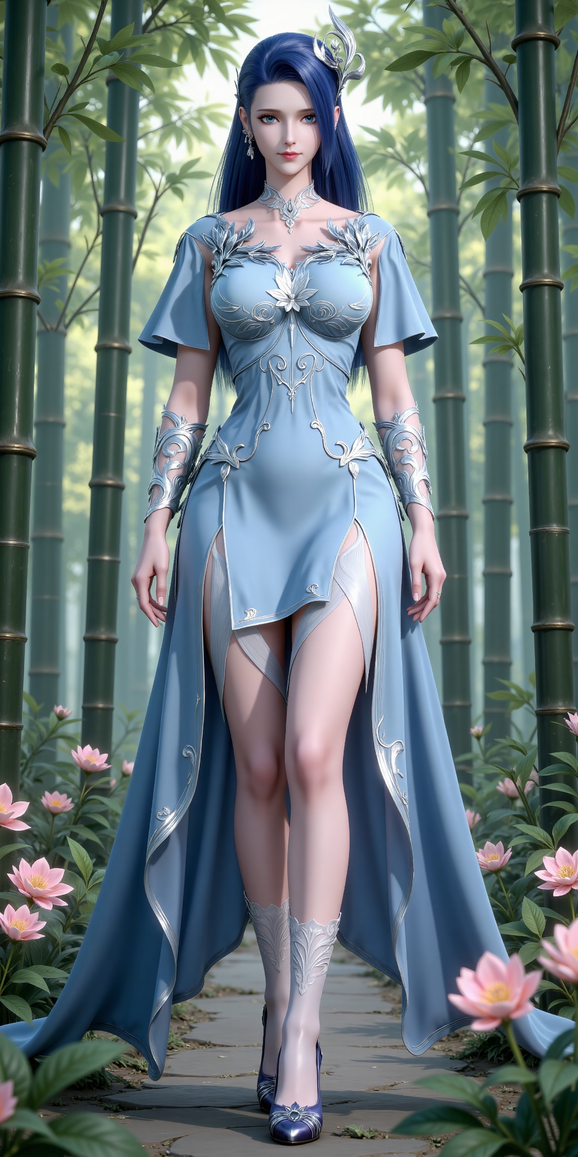 
4K,masterpiece,best quality,very aesthetic,lvjing,nature,bamboo,tree,flowers,day,
blue hair, long hair, blue eyes, eyelashes, hair_ornament, ayin blue dress, short_sleeves, white socks, high_heels, 1girl, full body, solo,  jewelry, earrings, looking at viewer, standing, closed mouth