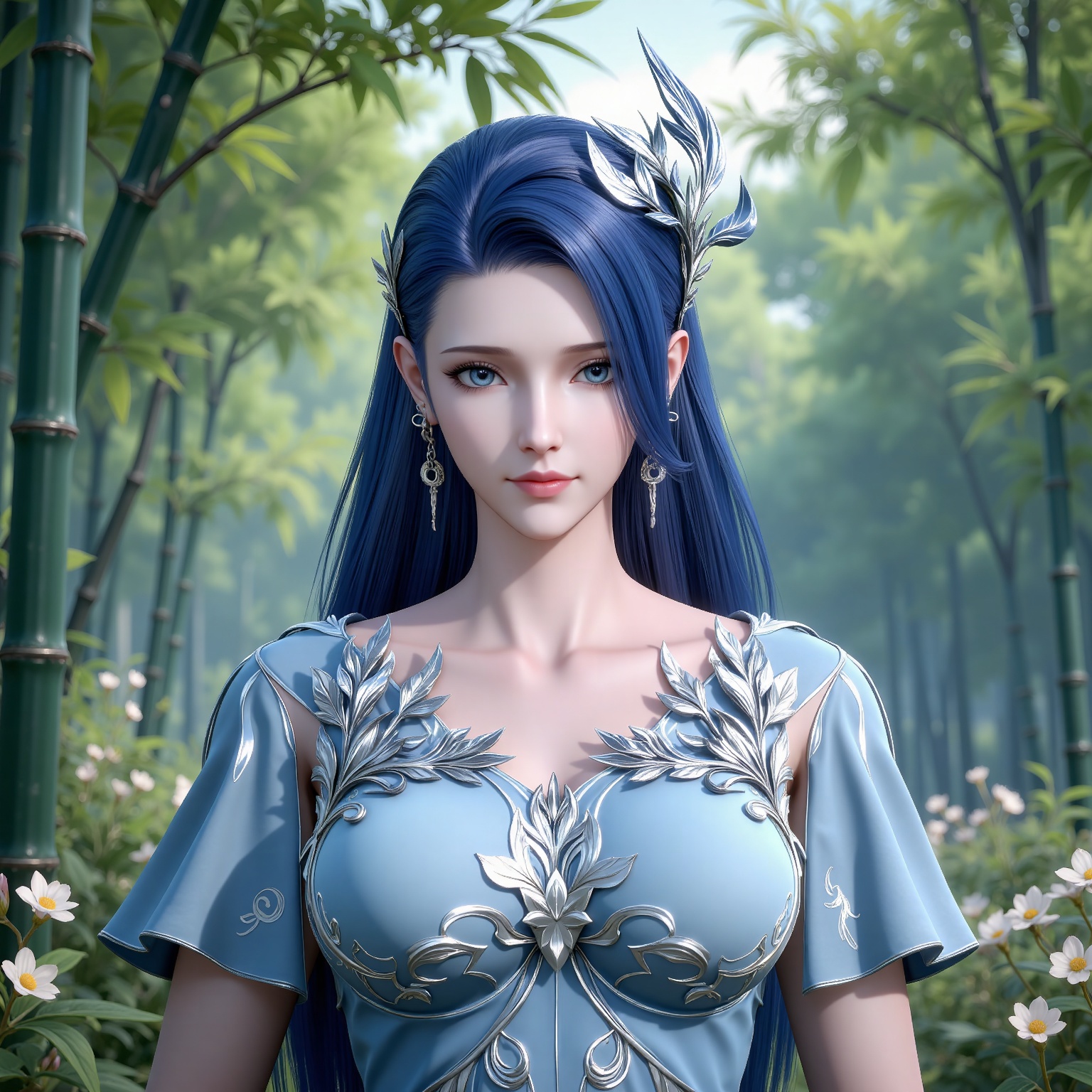
4K,masterpiece,best quality,very aesthetic,lvjing,nature,bamboo,tree,flowers,day,
blue hair, long hair, blue eyes, eyelashes, hair_ornament, ayin blue dress, short_sleeves, 1girl, solo, jewelry, earrings, looking at viewer, 