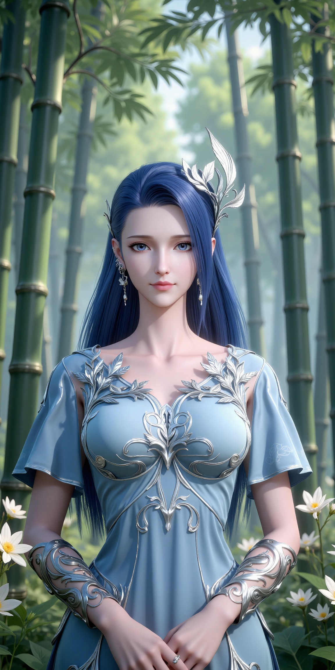 
4K,masterpiece,best quality,very aesthetic,lvjing,nature,bamboo,tree,flowers,day,
blue hair, long hair, blue eyes, eyelashes, hair_ornament, ayin blue dress, short_sleeves, 1girl, solo, jewelry, earrings, looking at viewer, 
